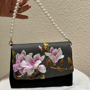 Floral Embroidered Black Handbag, with extra shoulder strap
